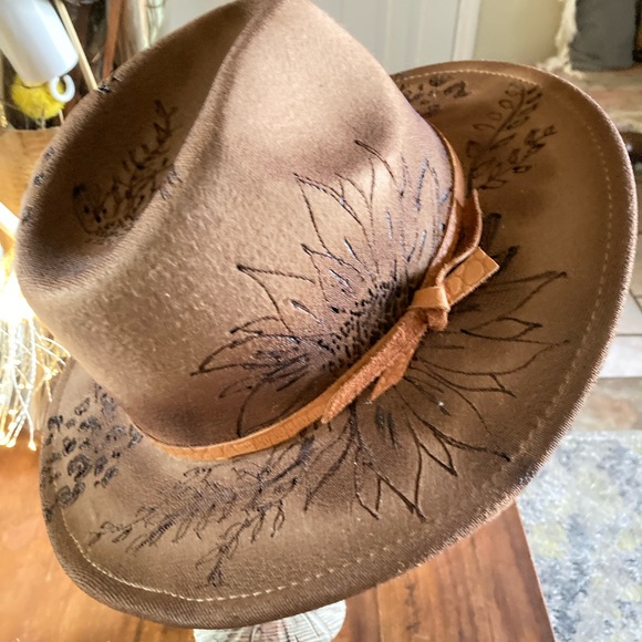 Boho hippie inspired hat- custom detailing trailing animal print-and sunflower. - Picture 2 of 9